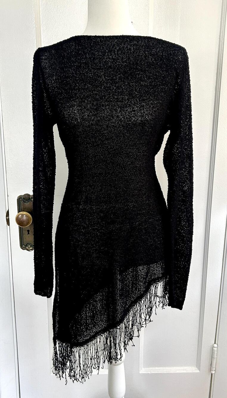 Vintage Black Rayon Fringe Tunic, Asymmetrical Long Sleeve Boho Top for Women